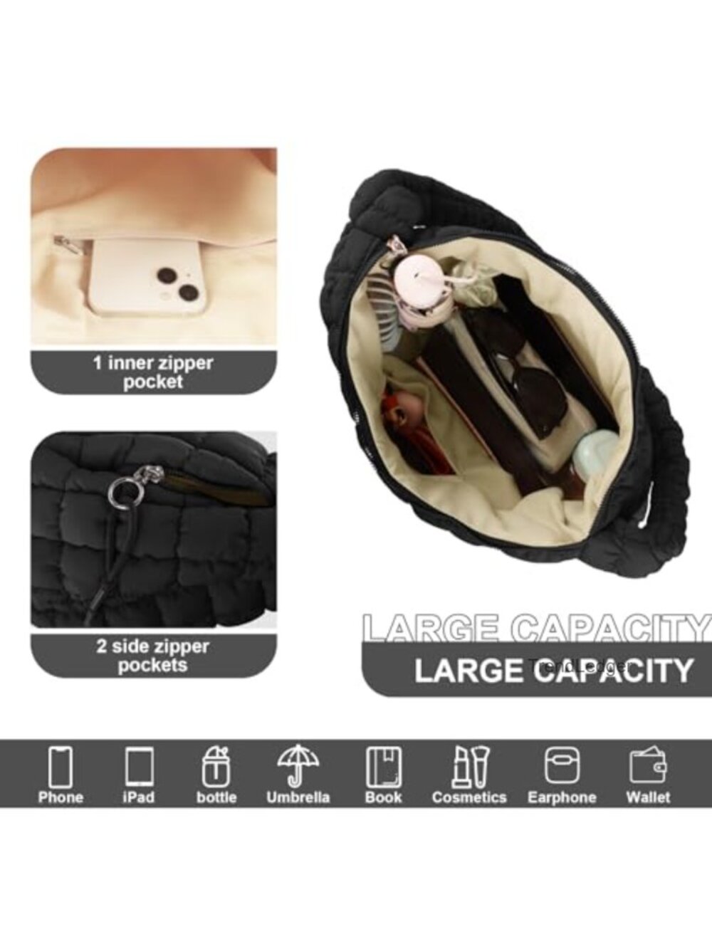 Quilted Puffer Tote Bag Nylon Crossbody Shoulder Hobo Bag Lightweight Large - Picture 3 of 6